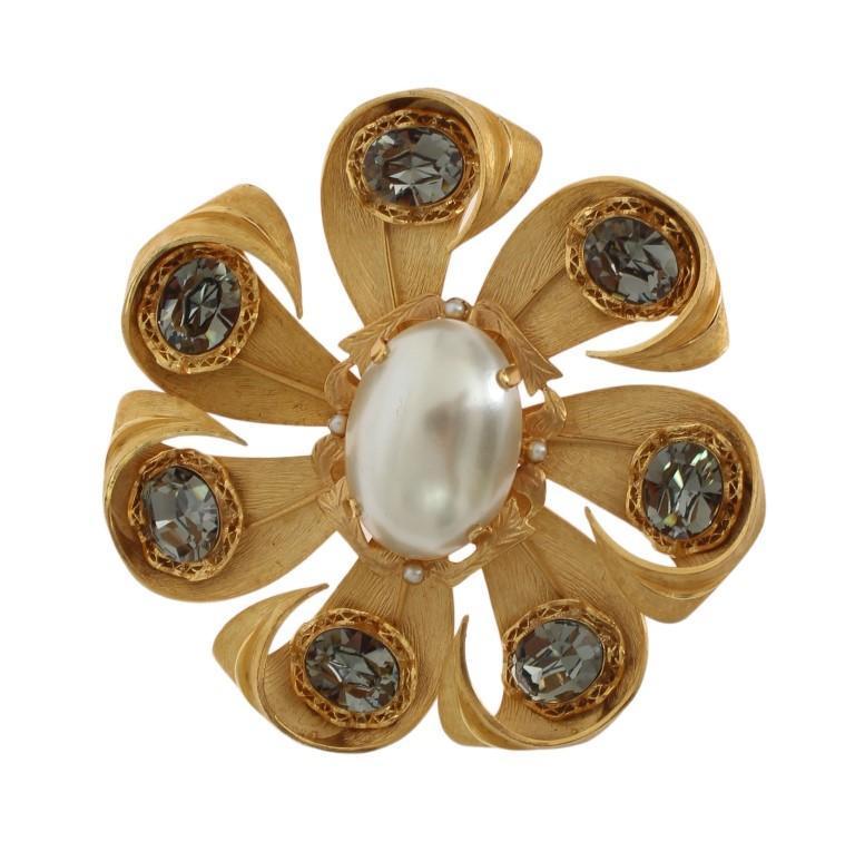 Gold Brass Gray Crystal Pearl SICILY Brooch