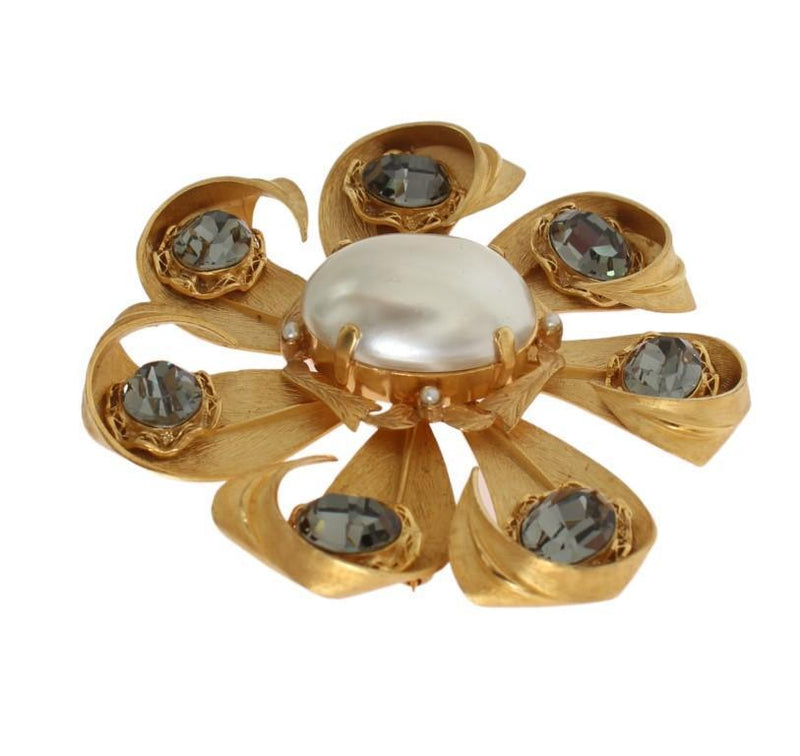 Gold Brass Gray Crystal Pearl SICILY Brooch