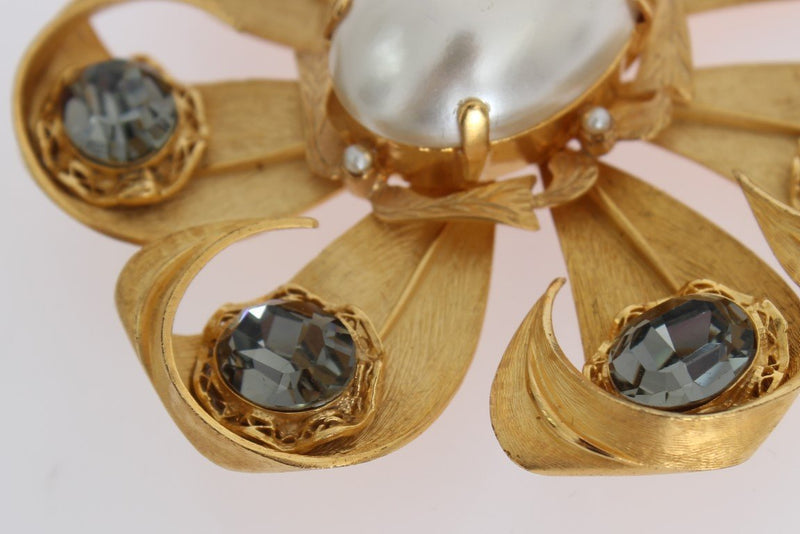 Gold Brass Gray Crystal Pearl SICILY Brooch