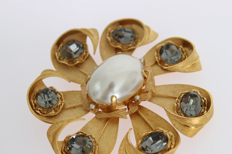 Gold Brass Gray Crystal Pearl SICILY Brooch