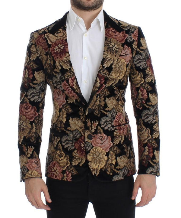 Black velvet floral slim fit blazer