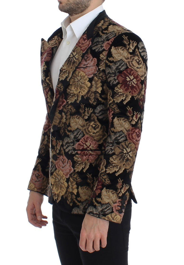 Black velvet floral slim fit blazer