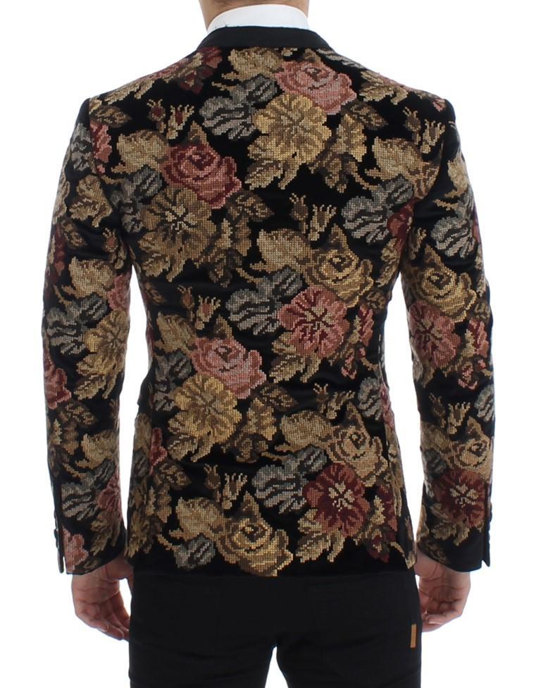 Black velvet floral slim fit blazer