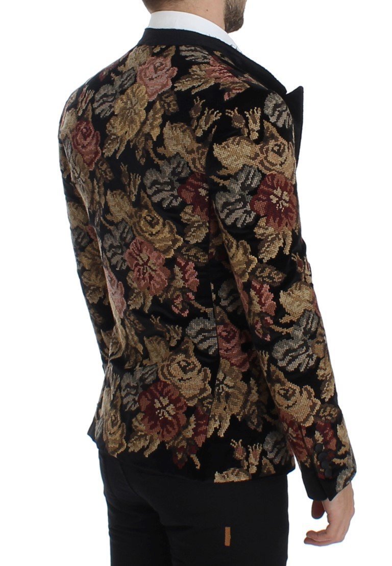 Black velvet floral slim fit blazer