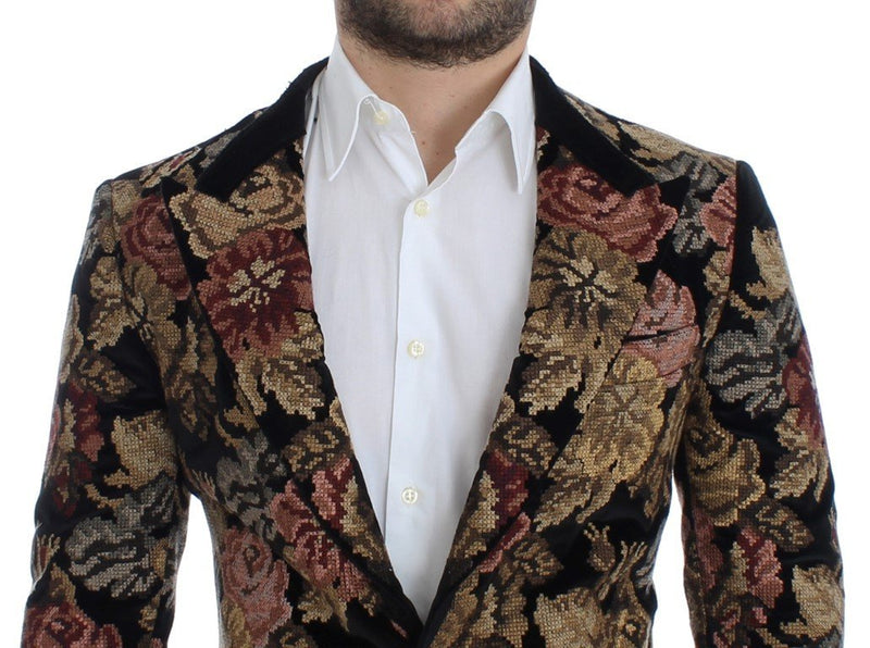 Black velvet floral slim fit blazer