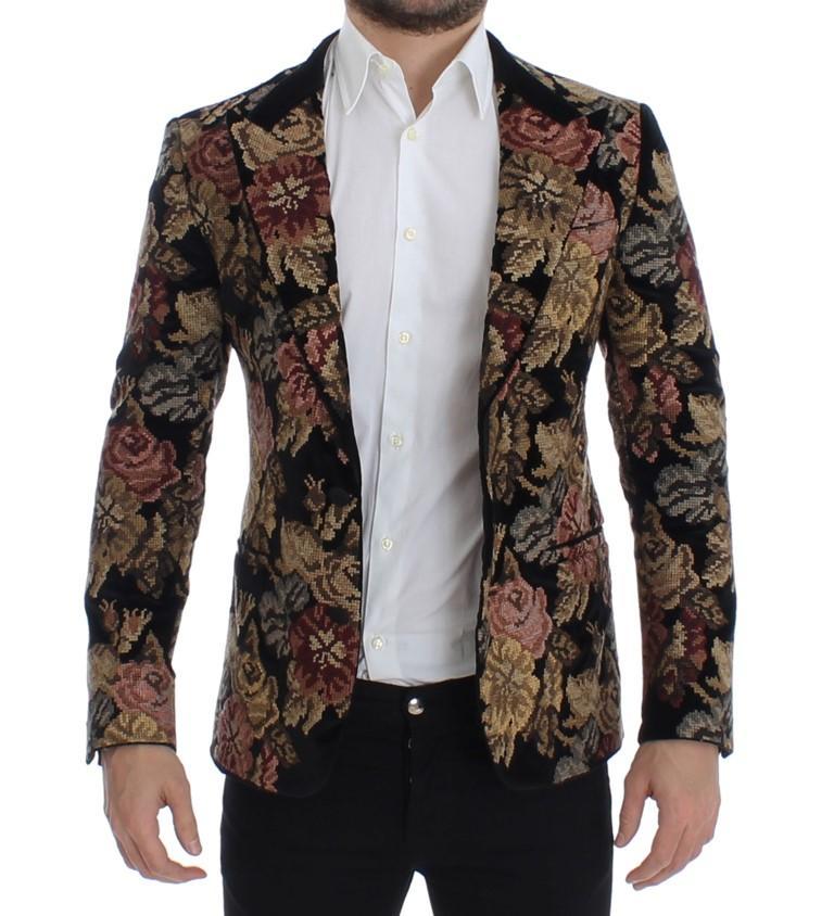 Black velvet floral slim fit blazer