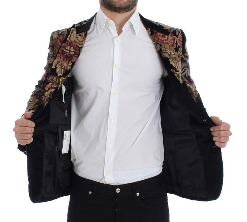 Black velvet floral slim fit blazer