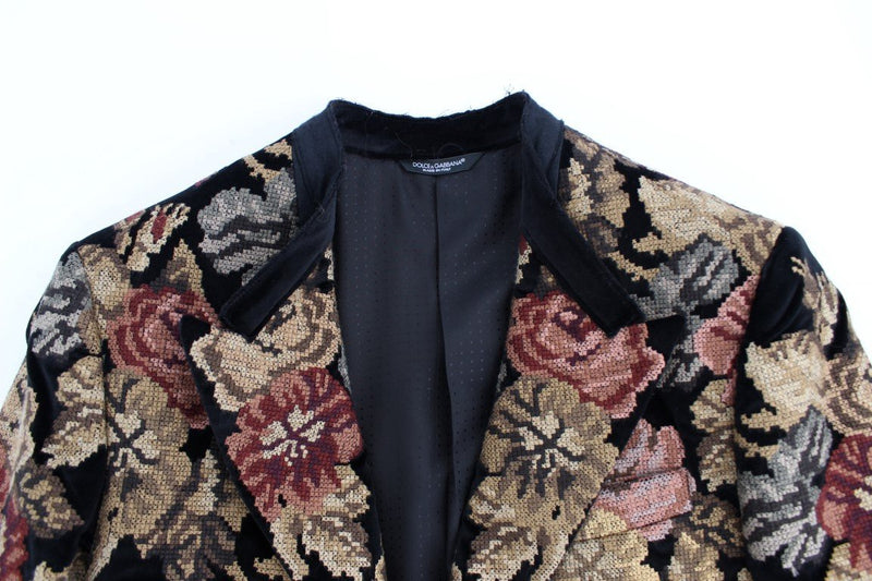 Black velvet floral slim fit blazer