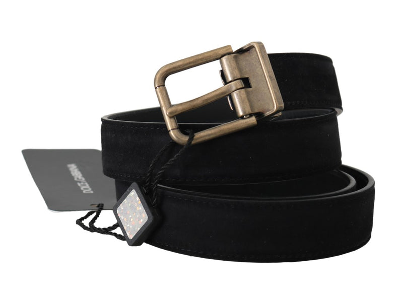 Black Goatskin Suede Gold Buckle Mens Belt