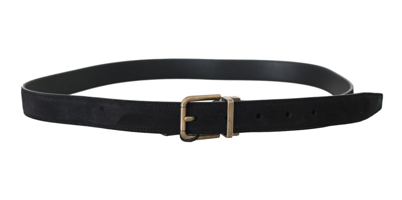 Black Goatskin Suede Gold Buckle Mens Belt