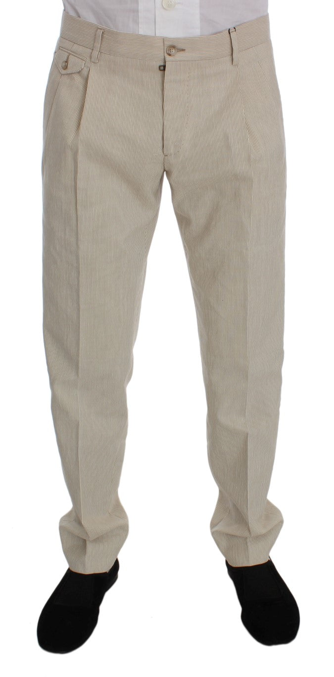 Beige Striped Cotton Chinos Pants