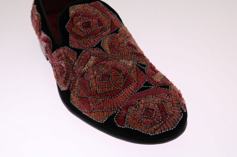 Black Velvet Red Roses Sequin Loafers