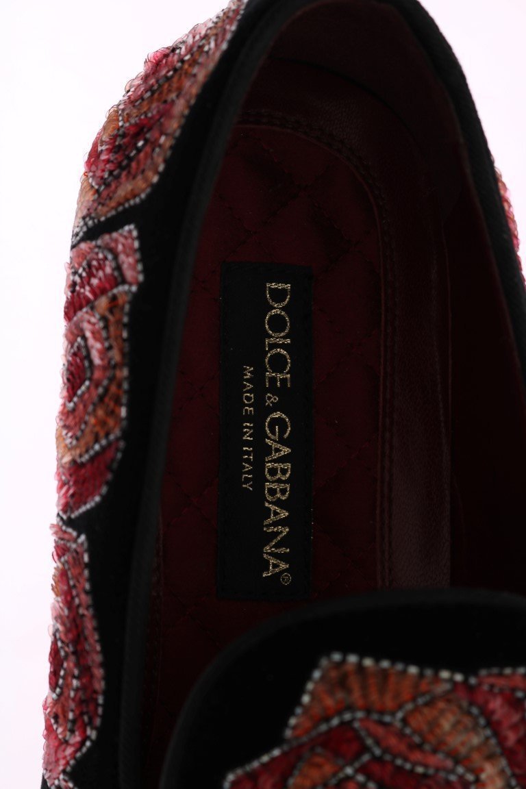 Black Velvet Red Roses Sequin Loafers