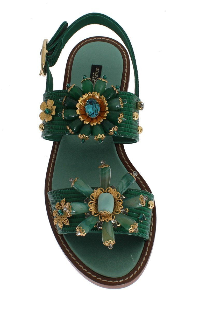 Green Leather Crystal Sandals