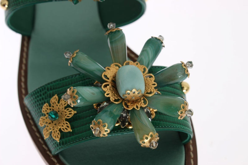 Green Leather Crystal Sandals