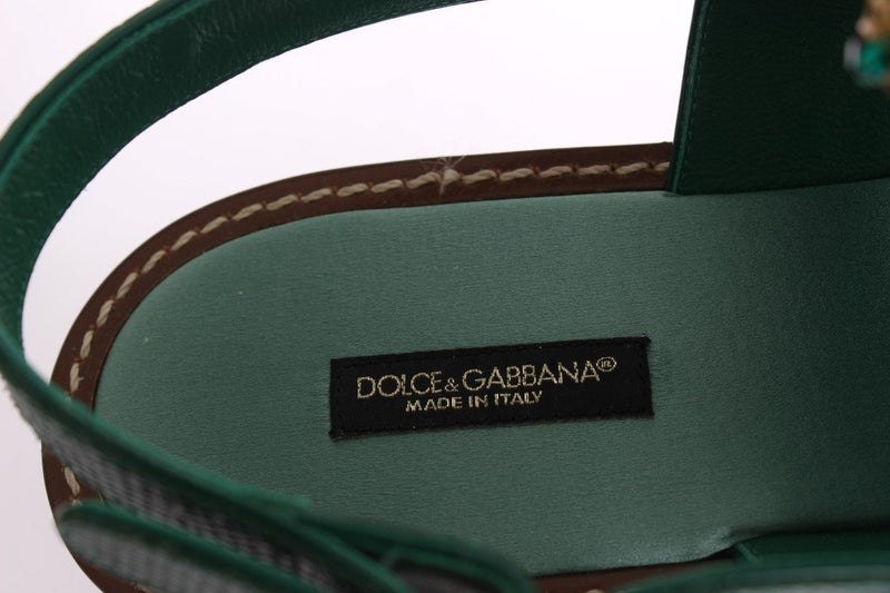 Green Leather Crystal Sandals