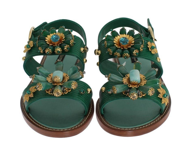 Green Leather Crystal Sandals