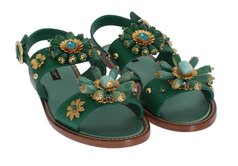 Green Leather Crystal Sandals