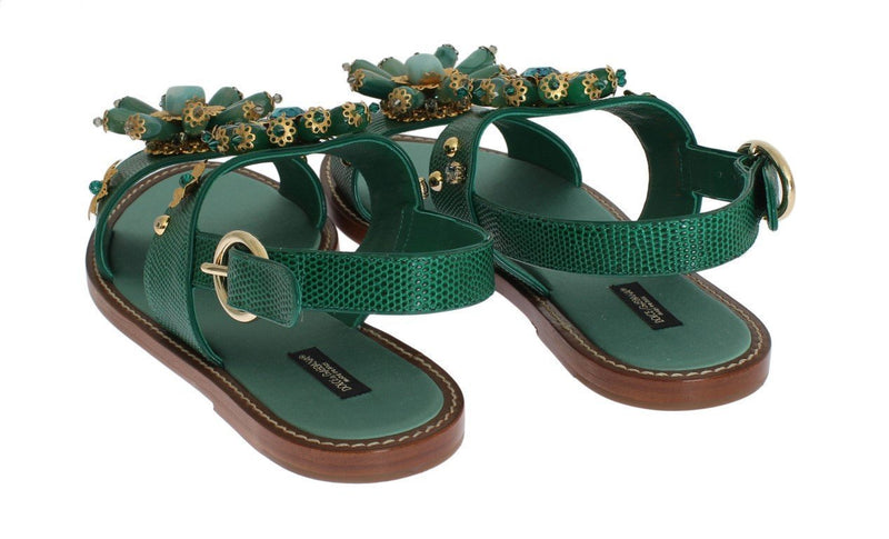Green Leather Crystal Sandals