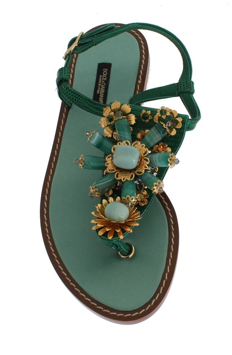 Green Leather Crystal Flip Flops Sandals