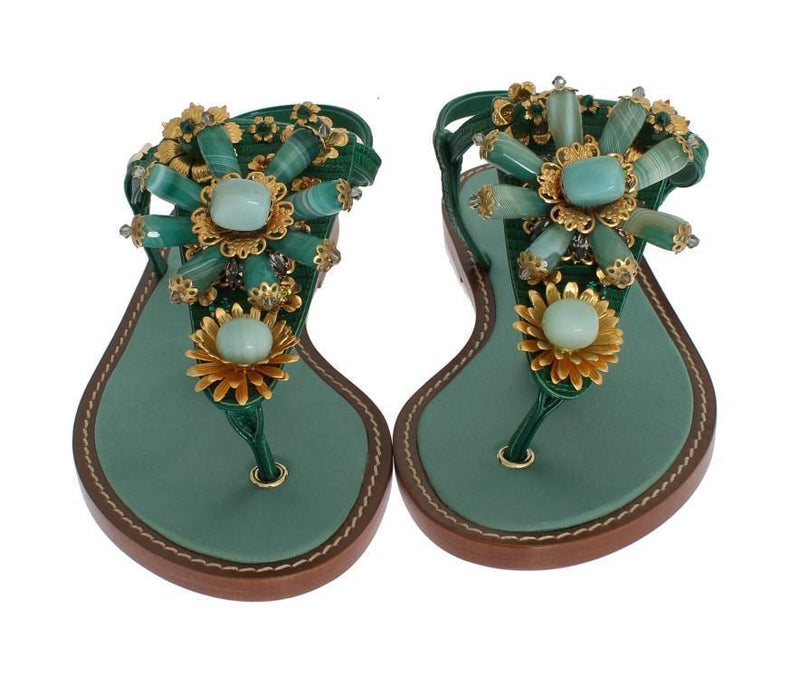 Green Leather Crystal Flip Flops Sandals