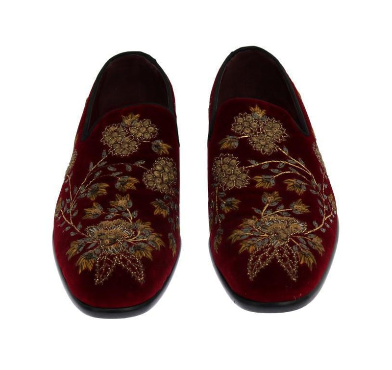 Bordeaux Velvet Gold Floral Loafers