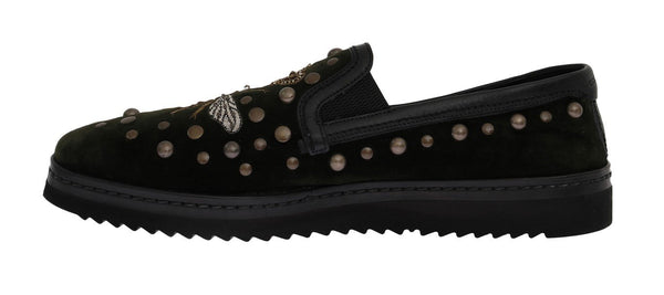 Green Velvet Royal Bee Ricamo Loafers