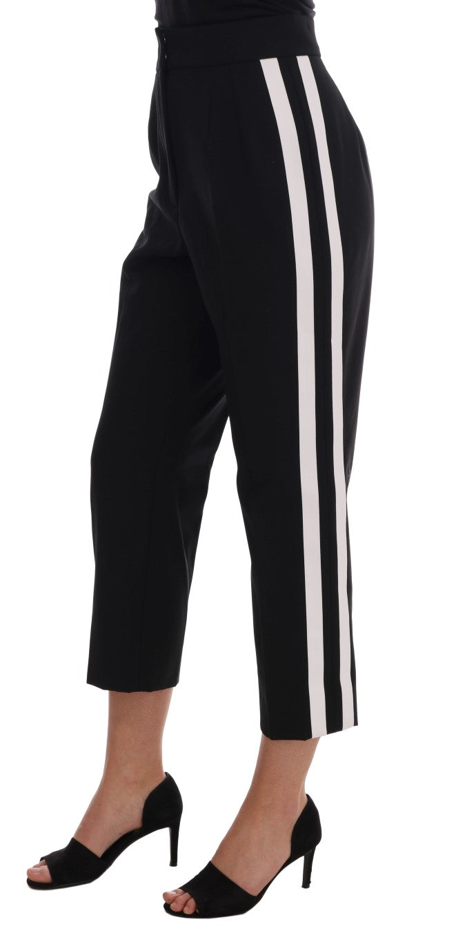 Black Wool White Stripes Capri Pants