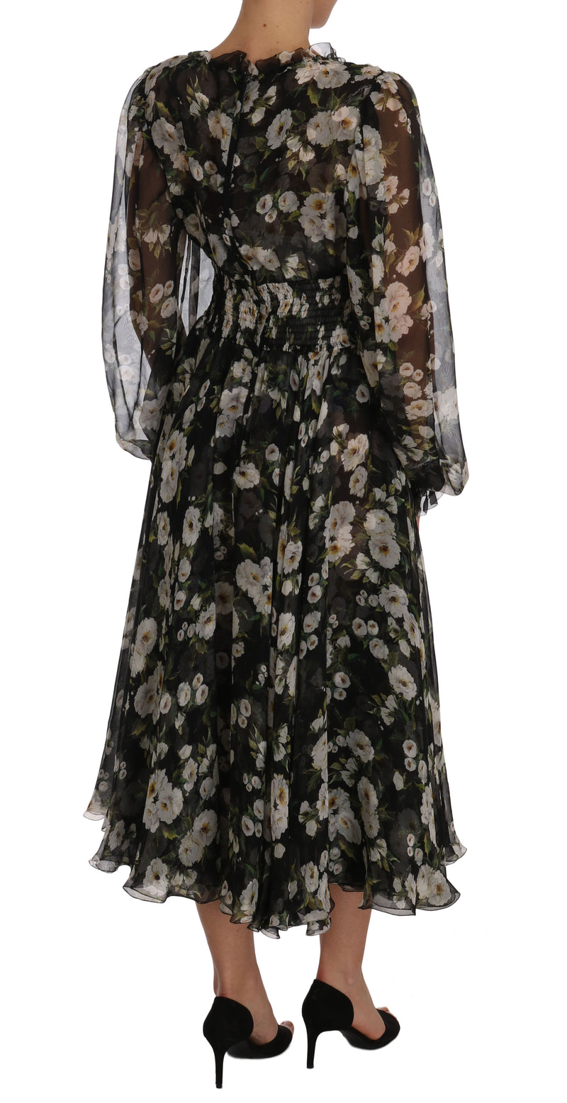 Black Daisy Floral Silk Shift A-Line Dress