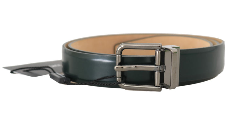 Green Leather Brushed Metal Buckle Mens Belt