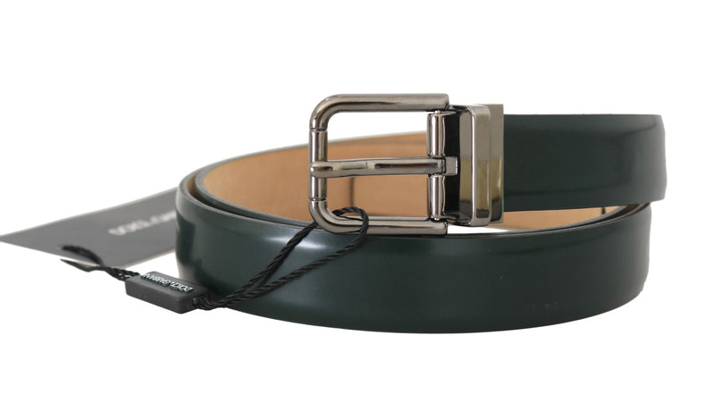 Green Leather Brushed Metal Buckle Mens Belt