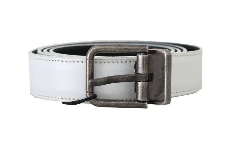 White Leather Brushed Buckle Mens Belt