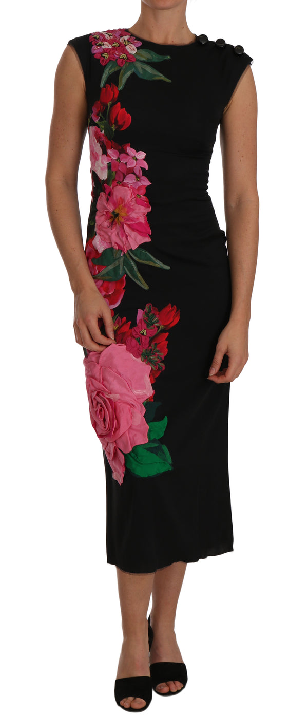 Black Floral Appliqe Sheath Silk Dress