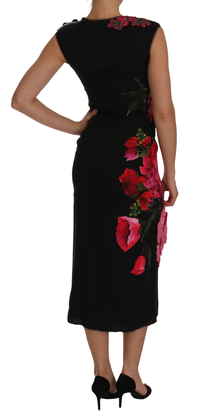 Black Floral Appliqe Sheath Silk Dress