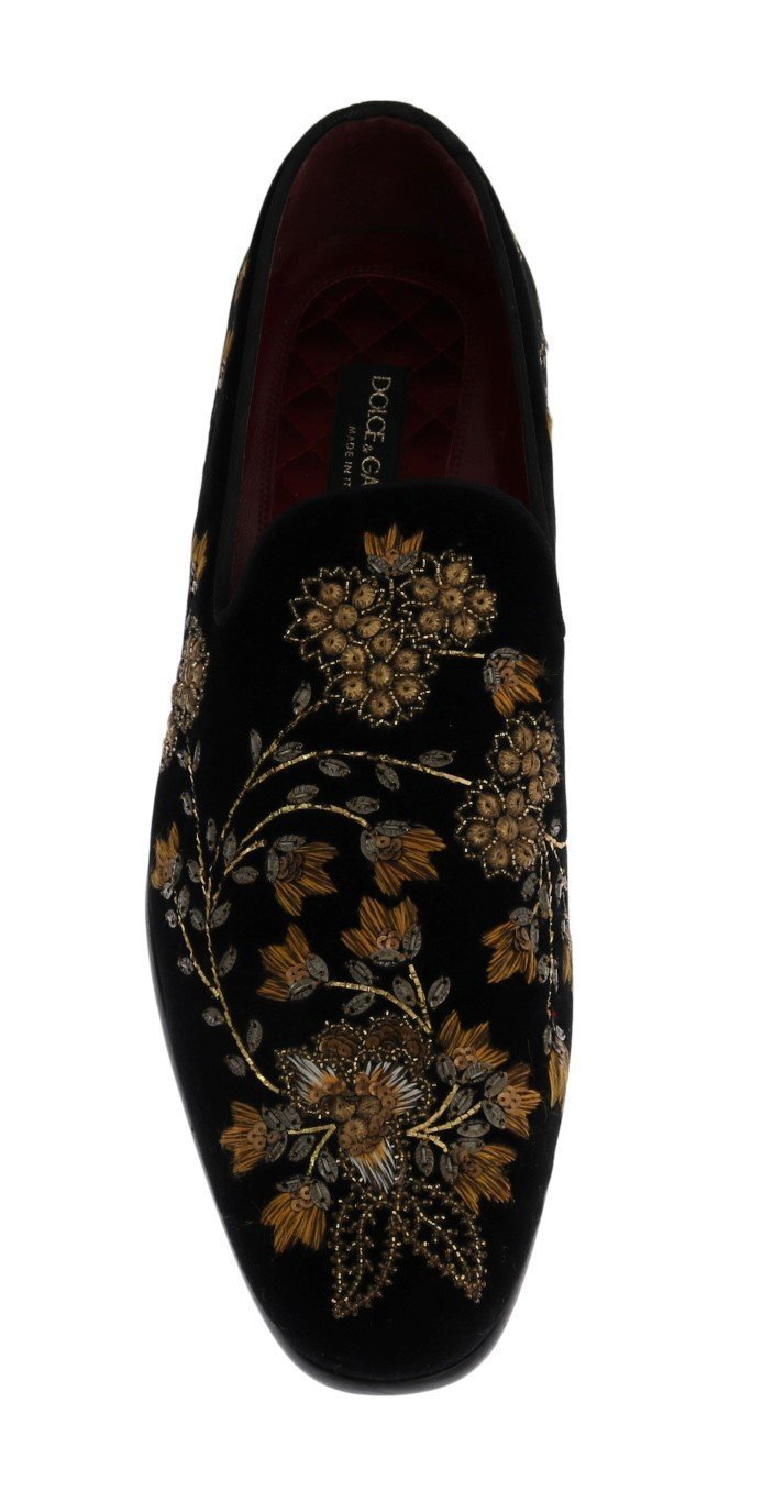Black Velvet Gold Floral Loafers