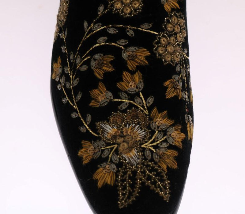 Black Velvet Gold Floral Loafers