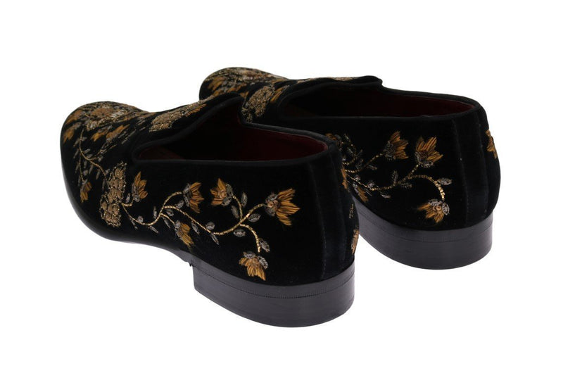 Black Velvet Gold Floral Loafers