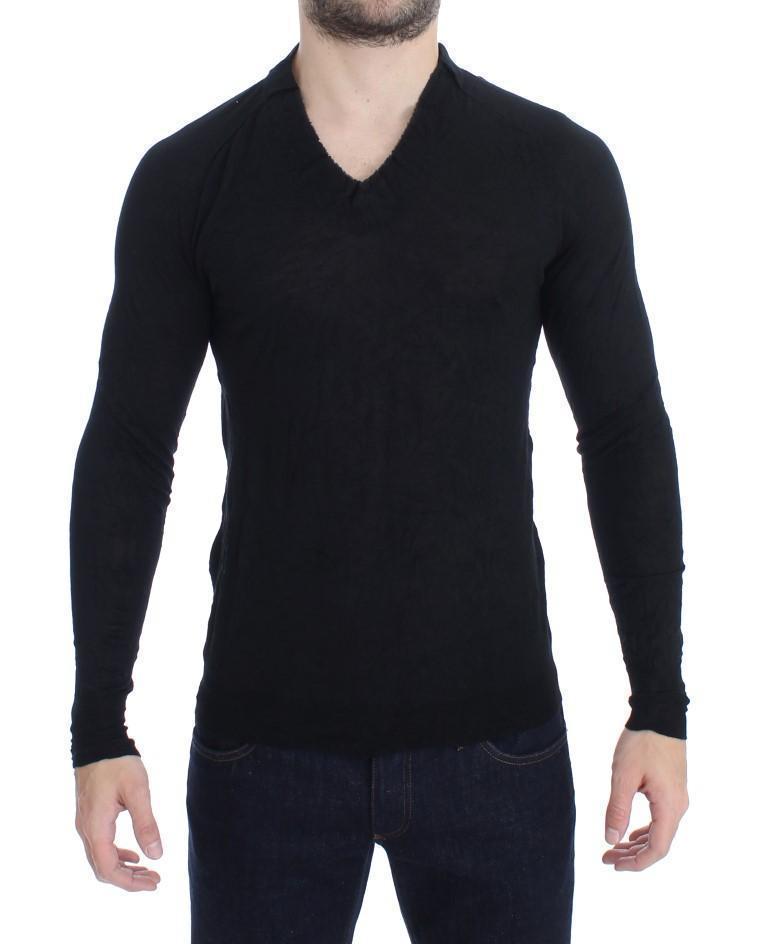 Black Fine Wool V-neck Sweater