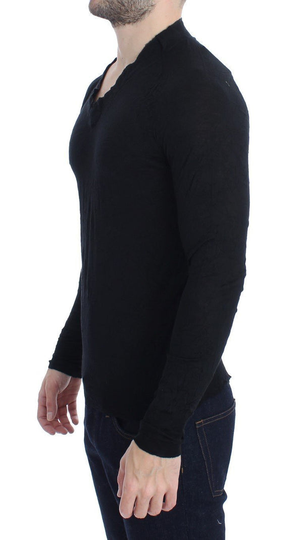 Black Fine Wool V-neck Sweater