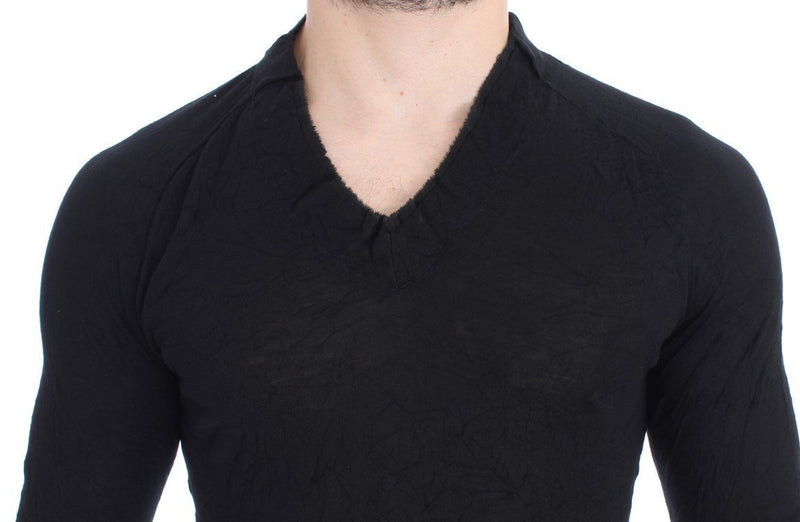 Black Fine Wool V-neck Sweater