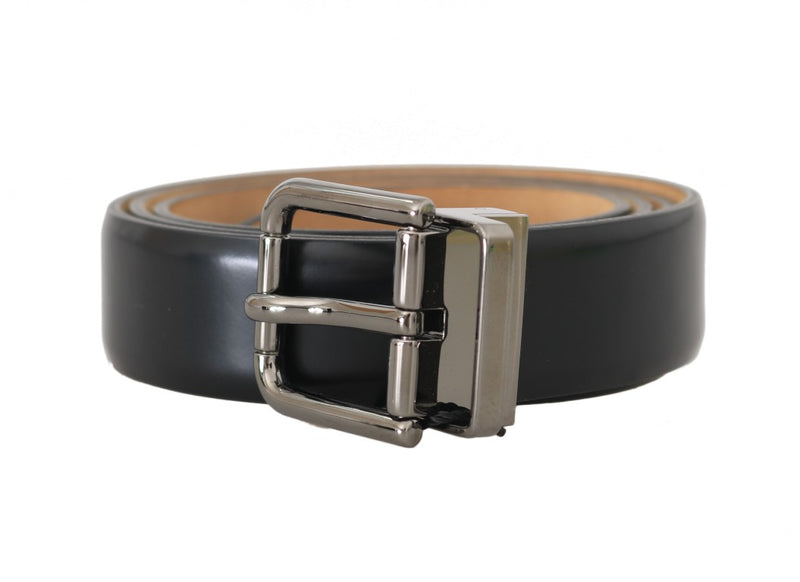 Black Leather Silver Buckle Mens Belt