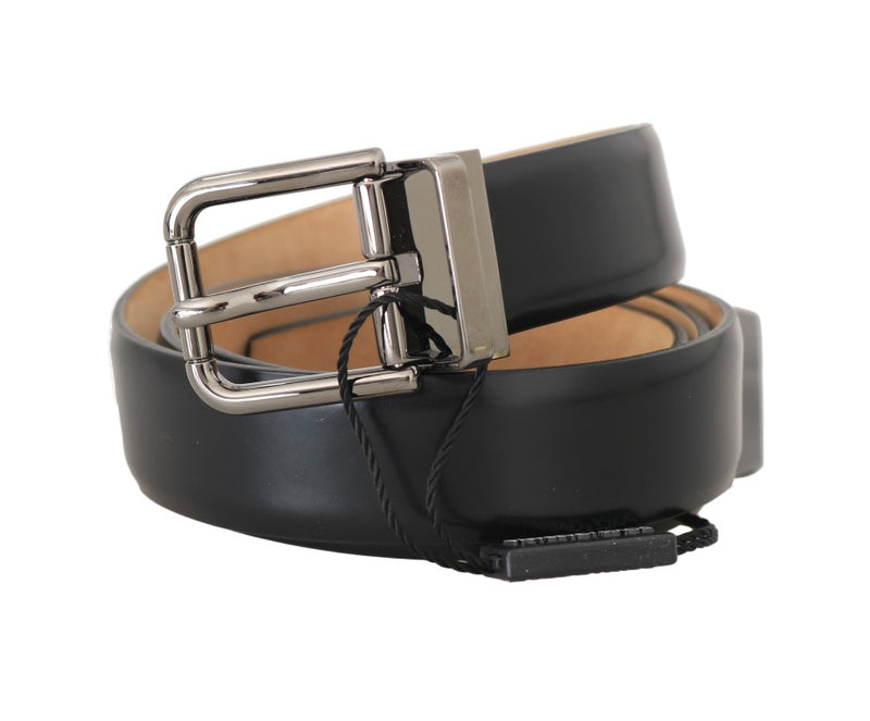 Black Leather Silver Buckle Mens Belt