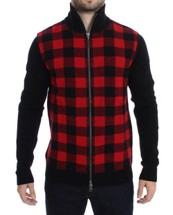 Red Black Wool Full Zipper Sweater