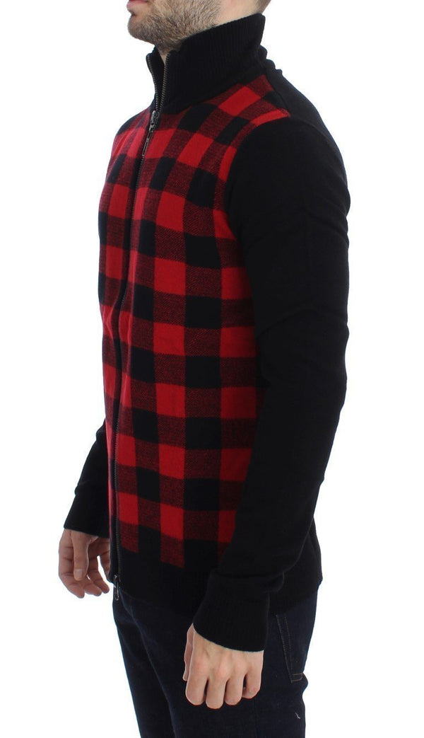 Red Black Wool Full Zipper Sweater