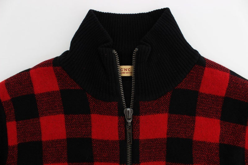 Red Black Wool Full Zipper Sweater