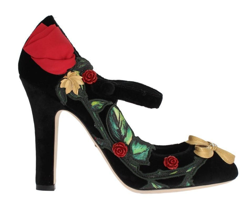 Black Velvet Roses Mary Janes Pumps Shoes for Women with Gold Bow