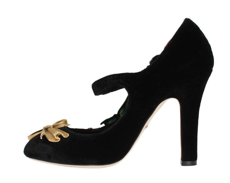 Black Velvet Roses Mary Janes Pumps Shoes for Women with Gold Bow