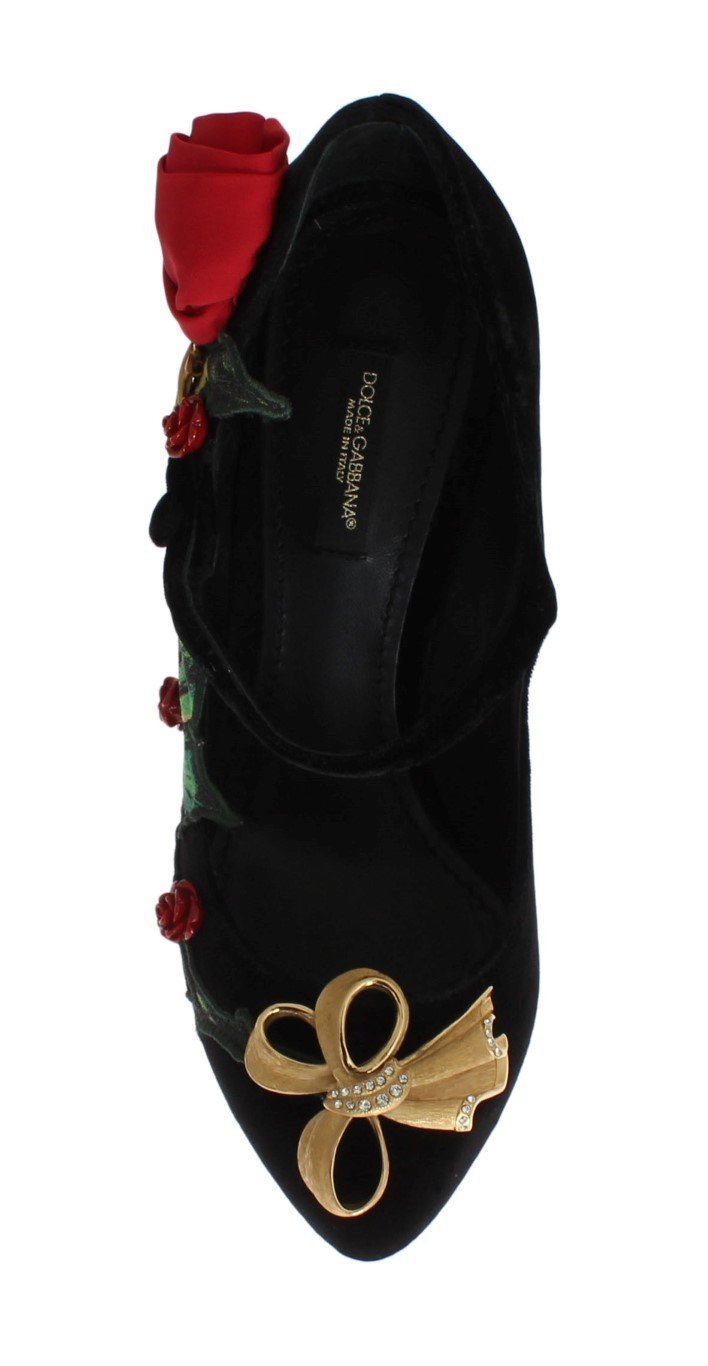 Black Velvet Roses Mary Janes Pumps Shoes for Women with Gold Bow