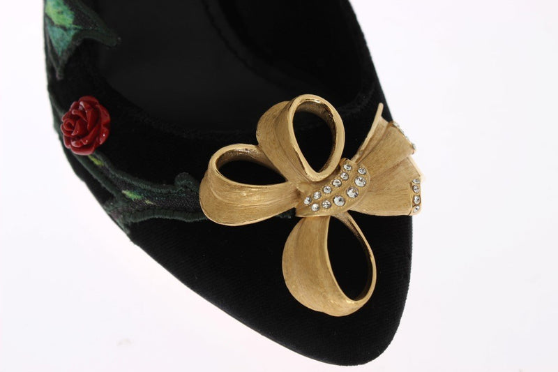 Black Velvet Roses Mary Janes Pumps Shoes for Women with Gold Bow