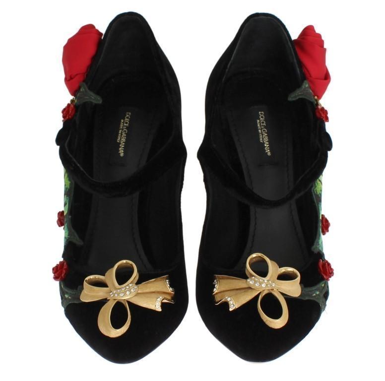 Black Velvet Roses Mary Janes Pumps Shoes for Women with Gold Bow